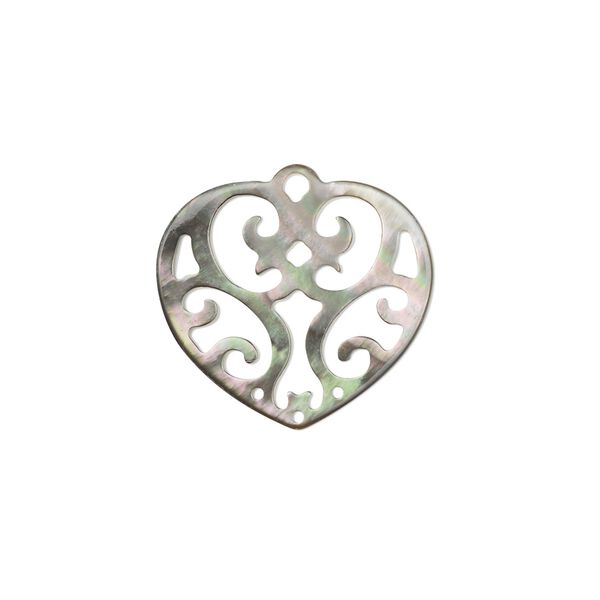 Drop, black lip shell (natural), 20mm heart with cutout design, Mohs hardness 3-1/2. Sold individually. image number 0