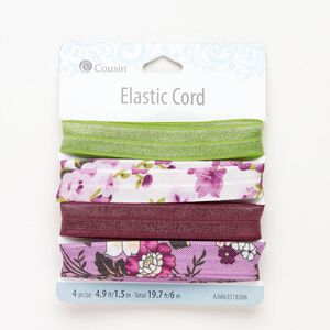 Elastic 1pkg4, flat cord assortment / flowers green / purple / white 1.5m 15mm