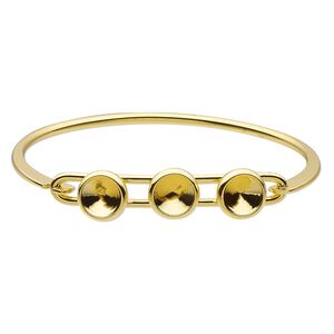 Bracelet, Almost Instant Jewelry®, bangle, gold-finished brass, 11mm wide with (3) SS39 rivoli glue-in settings and latch bar, 7 inches. Sold individually.