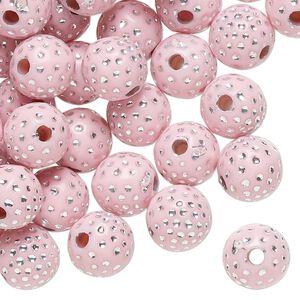Bead, acrylic, pink and silver, 10mm round with dots. Sold per pkg of 100.