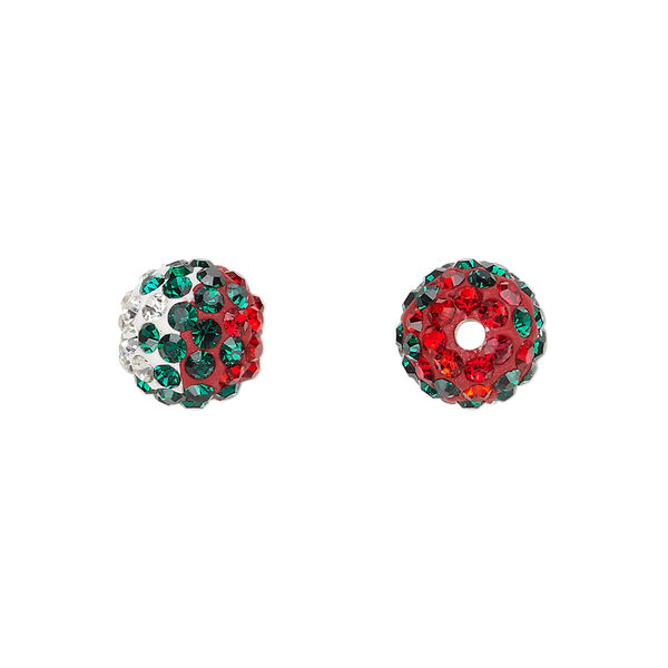 Bead, Egyptian glass rhinestone / epoxy / resin, white / red / green, 10mm round with pavé wave design. Sold individually. image number 0