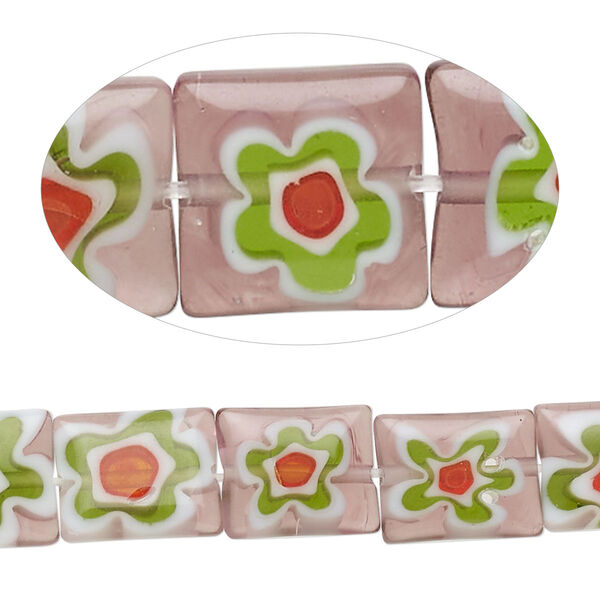 Bead, millefiori glass, translucent light purple / green / red / white, 12x10mm puffed rectangle with flower design. Sold per 14-inch strand. image number 0