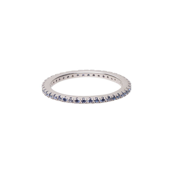 Ring, cubic zirconia and rhodium-plated sterling silver, blue, 2mm wide eternity band, size 7. Sold individually. image number 0