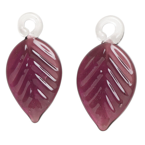 Drop, lampworked glass, transparent purple, 24x16mm handmade single-sided leaf. Sold per pkg of 2. image number 0