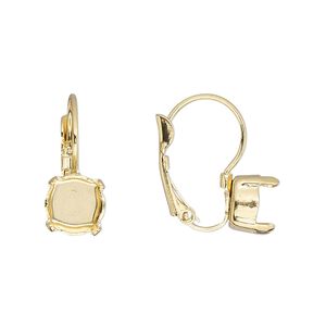 Ear wire leverback 1pkg2 gold-plated, 18mm / SS39 rivoli or chaton 4-prong setting, brass 1 pair