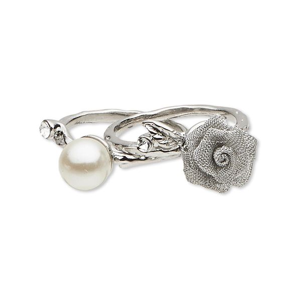 Ring, crystals / acrylic pearl / brass / imitation rhodium-plated "pewter" (zinc-based alloy), white / grey / crystal clear, 8mm round and 11mm flower, size 8. Sold per pkg of 2. image number 0