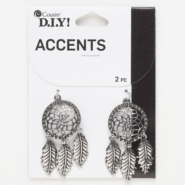 Focal, antique silver-finished "pewter" (zinc-based alloy), 44x22mm dreamcatcher. Sold per pkg of 2. image number 0