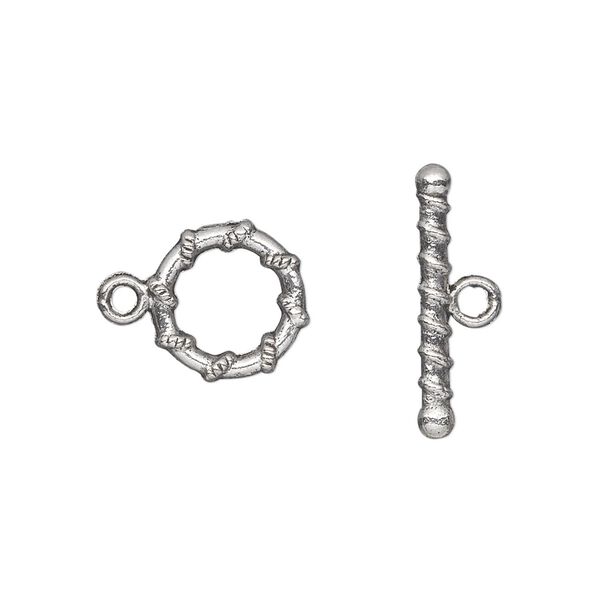 Clasp toggle 1pkg20 silver-plated "pewter" (zinc alloy), 11mm double-sided round, antique 1-strand image number 0