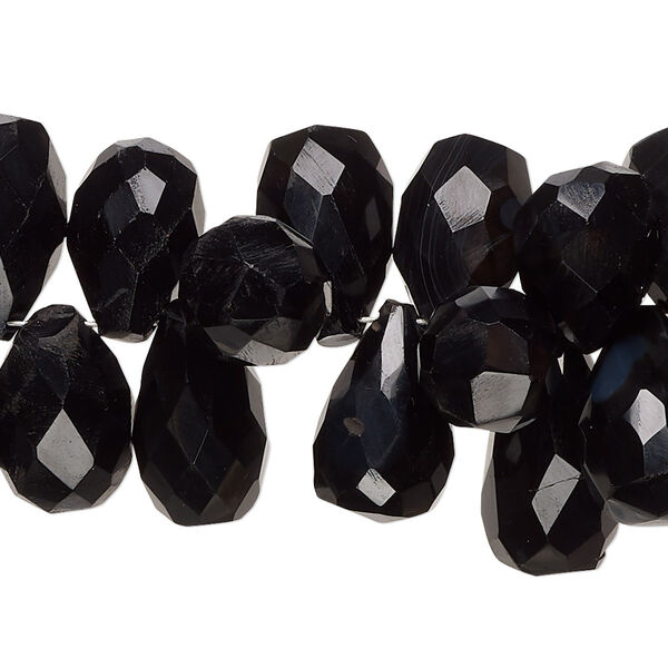 Bead, black onyx (dyed), 11x9mm-19x10mm hand-cut top-drilled faceted teardrop with 0.4-1.4mm hole, B grade, Mohs hardness 6-1/2 to 7. Sold per 8-inch strand, approximately 50 beads. image number 0