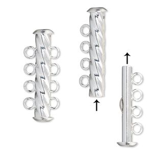 Clasp slide lock 1pkg4 silver-plated, 26x6mm corrugated round tube, brass 4-strand