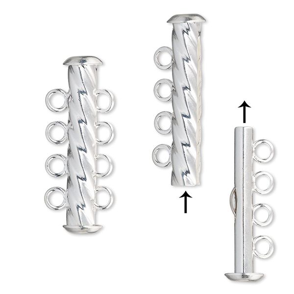 Clasp slide lock 1pkg4 silver-plated, 26x6mm corrugated round tube, brass 4-strand image number 0