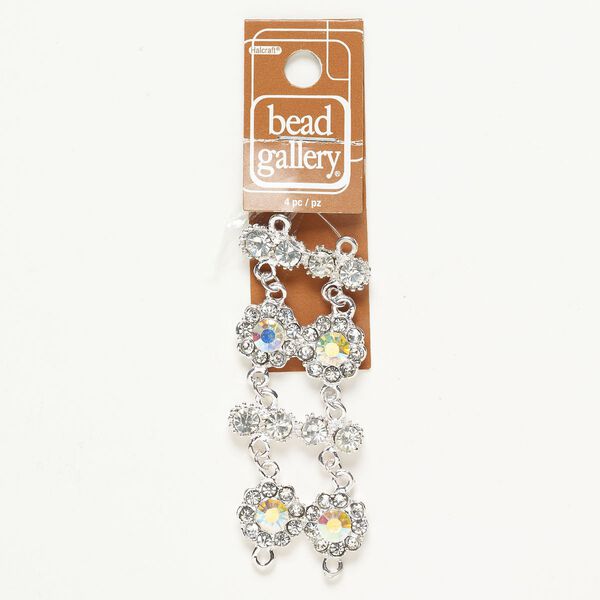 Link assortment brass steel glass 4pk 28x23mm double flower 29x15mm double round, silver finish clear AB image number 0