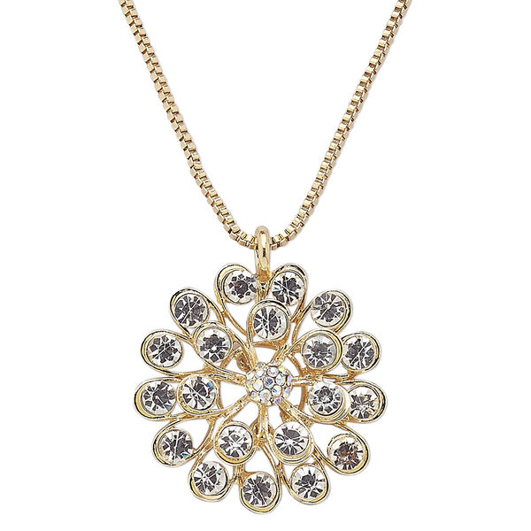 Necklace, glass rhinestone with gold-finished steel and "pewter" (zinc-based alloy), clear AB and clear, 43x43mm flower, 29 inches with 3-inch extender chain and lobster claw clasp. Sold individually. image number 0