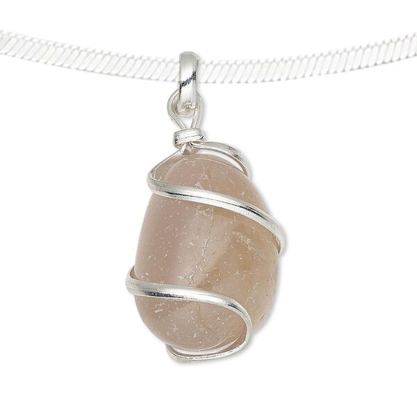Pendant, agate (dyed) and silver-plated copper, pink, medium to large hand-cut wire-wrapped tumbled nugget. Sold individually. image number 0