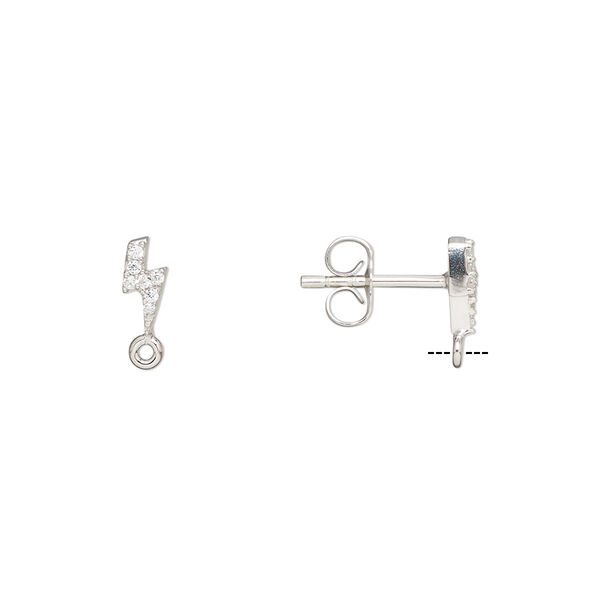 Earstud, cubic zirconia and rhodium-plated sterling silver, clear, 7x3mm lightning bolt with closed loop. Sold per pair. image number 0