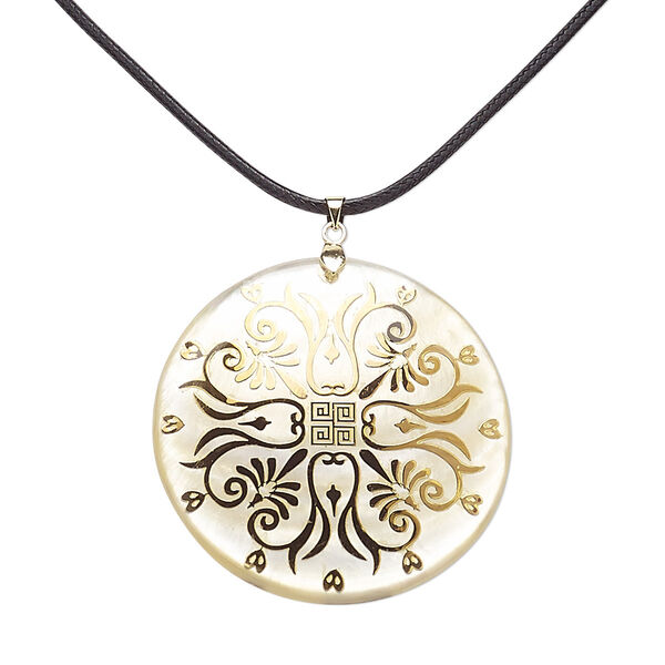 Necklace, gold lip shell (coated) / waxed cotton cord / gold-finished brass, gold and black, 50mm round with Greek key decal, 18 inches with 3-inch extender chain and lobster claw clasp. Sold individually. image number 0