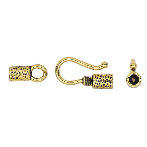 Clasp, hook-and-eye, antique gold-finished "pewter" (zinc-based alloy), 27x9mm with glue-in ends and hammered tube with rope design, 2.5mm inside diameter. Sold per pkg of 10. image number 0