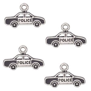 Charm, antique silver-finished "pewter" (zinc alloy) and enamel, black, 20x9mm single-sided police car. Sold per pkg of 4.