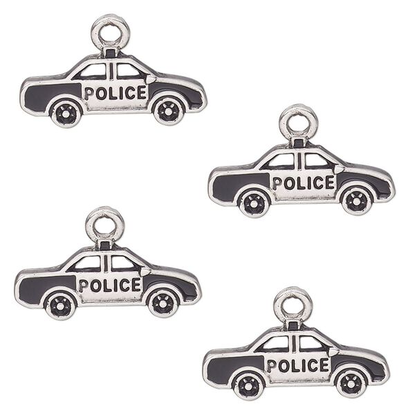 Charm, antique silver-finished "pewter" (zinc alloy) and enamel, black, 20x9mm single-sided police car. Sold per pkg of 4. image number 0
