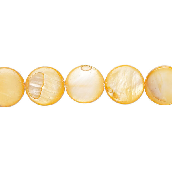 Mother-of-pearl shell 1pkg1, puffed flat round bead 15 inch light orange 9-11mm image number 0