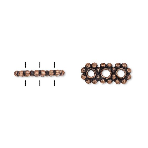 Spacer, antiqued copper, 15x6mm 3-strand beaded triple round, fits up to 4mm bead. Sold per pkg of 12. image number 0