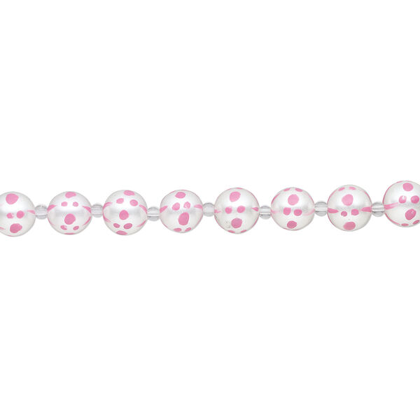 Bead, glass 1pkg8, opaque pink and white, 14mm hand-painted round. image number 1
