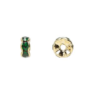 Bead, glass rhinestone and gold-finished brass, emerald green, 8x4mm rondelle. Sold per pkg of 10.