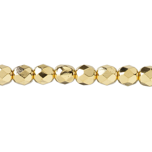 Bead, fire-polished, 14Kt gold-plated glass, opaque clear, 6mm faceted round. Sold per 15-1/2 to 16-inch strand. image number 0
