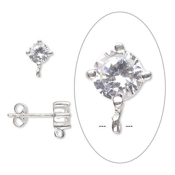 Earstud, sterling silver and cubic zirconia, clear, 9x6mm with 5mm faceted round and open loop. Sold per pair. image number 0