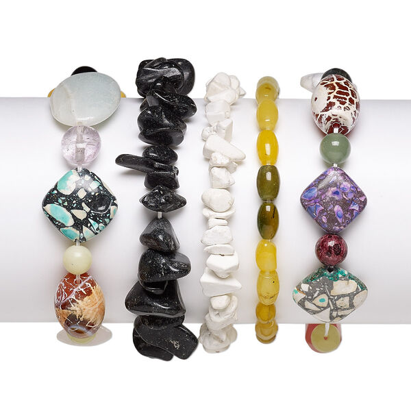 Bracelet mix, stretch, multi-gemstone (natural / dyed / heated / imitation / assembled), multicolored, 6x1mm-30x20mm mixed shape, 6-1/2 inches. Sold per pkg of 5. image number 0
