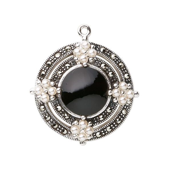 Drop, black onyx (dyed) / marcasite (natural) / cultured freshwater pearl / sterling silver, 25mm fancy round. Sold individually. image number 0