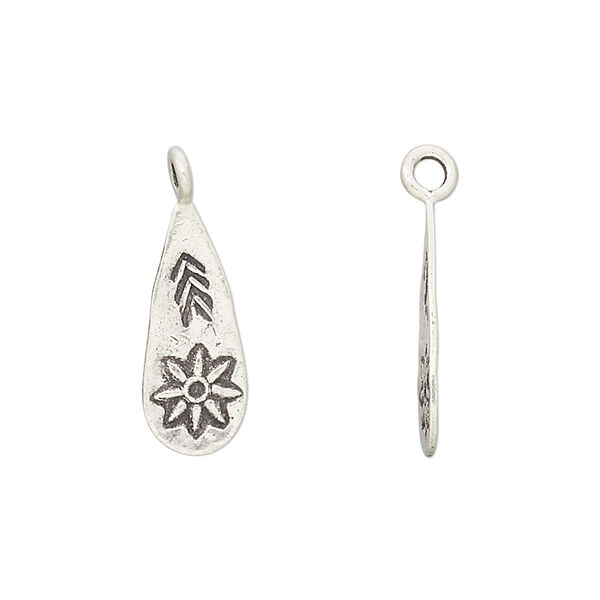Drop, Hill Tribes, antiqued sterling silver, 20x7mm teardrop with flower. Sold per pkg of 2. image number 0
