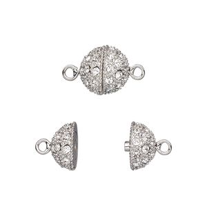 Clasp magnetic 1pkg1 rhodium-plated pewter (tin alloy), 10mm textured round, clear crystal 1-strand