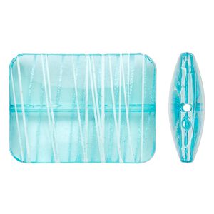 Bead, acrylic, semitransparent blue and white, 40x30mm puffed rectangle with painted line design. Sold per pkg of 12.