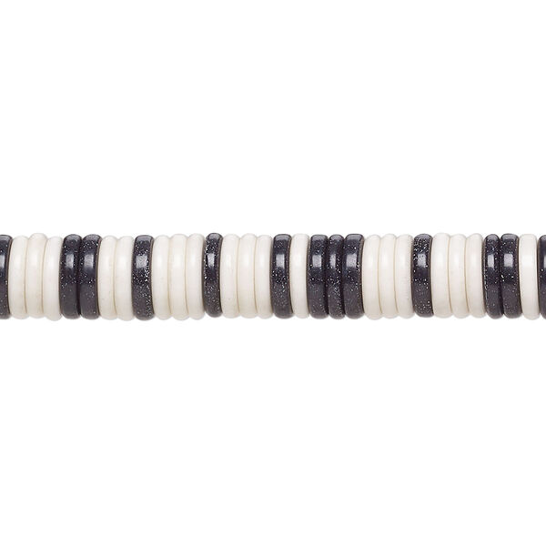 Bead, porcelain, opaque shiny black and white, 6.5x1mm heishi. Sold per 8-inch strand, approximately 120 to 150 beads. image number 0