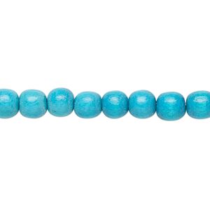 Bead, Taiwanese cheesewood (dyed / waxed), turquoise blue, 5-6mm round. Sold per pkg of (2) 15-1/2" to 16" strands.