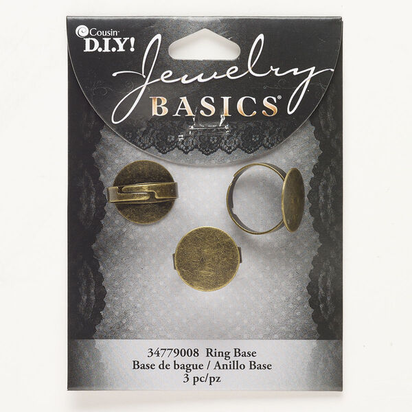 Ring, steel, pkg/3, antique brass finish, adjustable with 16mm round setting. image number 0