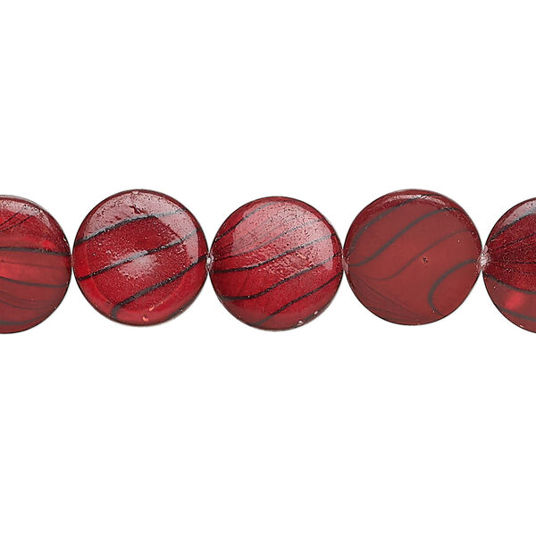 Mother-of-pearl shell 1pkg1, puffed flat round bead 15 inch dark red and black 11-12mm image number 0