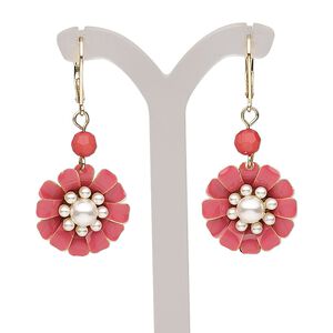 Earring, enamel / acrylic pearl / gold-finished brass / steel, dark pink and white, 48mm with flower and leverback ear wire. Sold per pair.