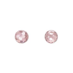 Bead, cubic zirconia, pink, 8mm half-drilled faceted round. Sold per pkg of 2.