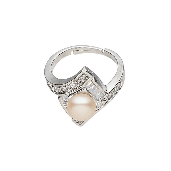 Ring 1pkg1 "pewter" (zinc-based alloy) / cultured freshwater pearl / glass rhinestone, 18mm diamond, dyed silver finish / pink satin / clear image number 0