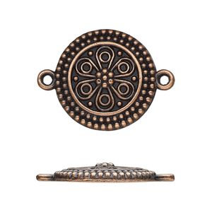 Link, antique copper-finished "pewter" (zinc-based alloy), 21.5mm single-sided domed round with flower. Sold per pkg of 10.