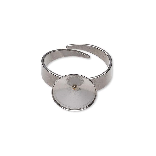 Ring, Almost Instant Jewelry®, stainless steel, 12.5mm wide with 12mm rivoli setting, adjustable from size 5-9. Sold per pkg of 2. image number 0