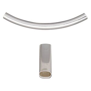 Bead, silver-finished brass, 42x6mm curved oval tube. Sold per pkg of 6.
