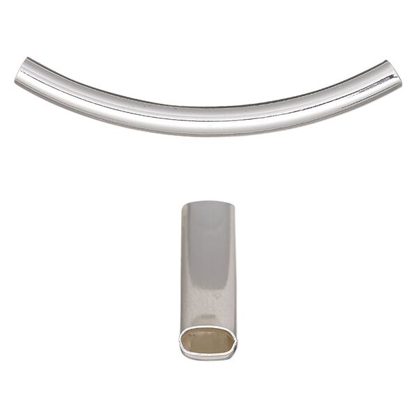 Bead, silver-finished brass, 42x6mm curved oval tube. Sold per pkg of 6. image number 0