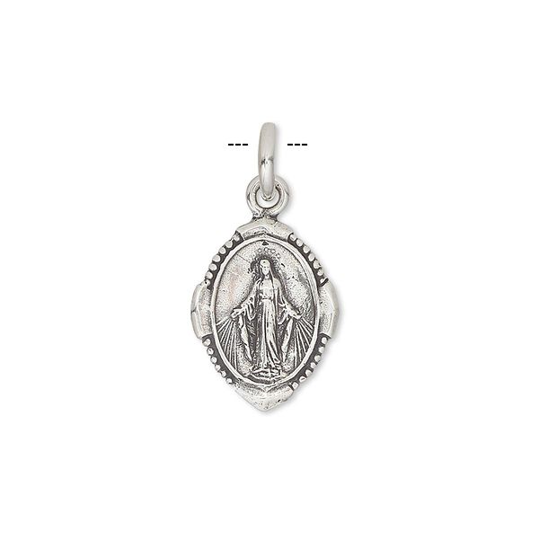 Drop, antiqued sterling silver, 15x12mm oval with the Virgin Mary. Sold individually. image number 0