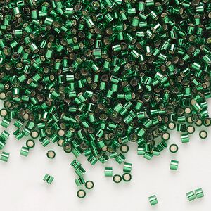 Seed bead, Delica®, glass, pkg/7.5g, #15 round, transparent silver-lined emerald (DBS-0148).