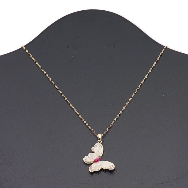 Necklace, Everyday Jewelry, acrylic / crystals / Czech glass rhinestone / gold-finished brass / "pewter" (zinc-based alloy) / steel, champagne / clear / fuchsia, 33x24mm butterfly, 16 inches with 3-inch extender chain and lobster claw clasp. Sold individually. image number 0