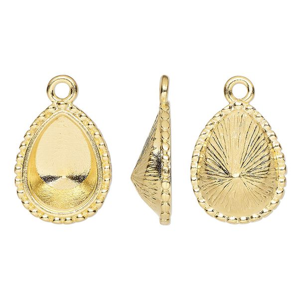 Drop, TierraCast®, Almost Instant Jewelry®, gold-plated pewter (tin-based alloy), 18x14mm teardrop with beaded edge and 14x10mm pear glue-in setting (4320). Sold per pkg of 20. image number 0