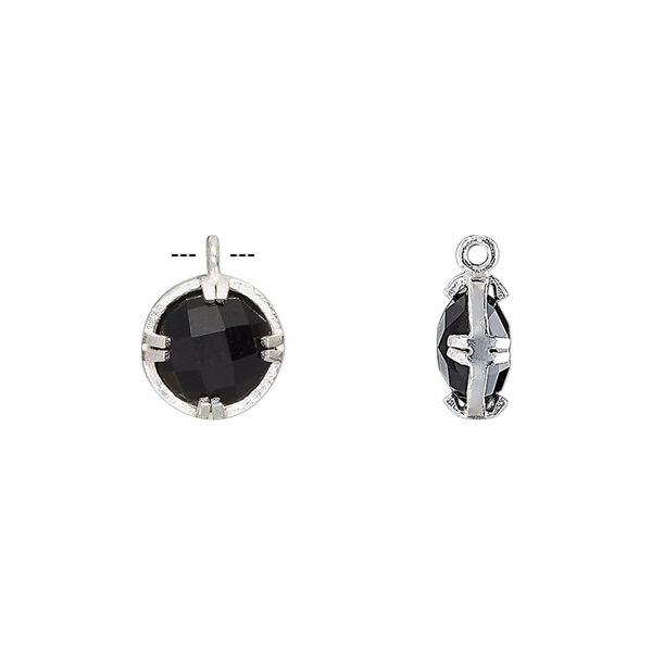 Drop, black onyx (dyed) and sterling silver, 10mm double-sided faceted round. Sold individually. image number 0